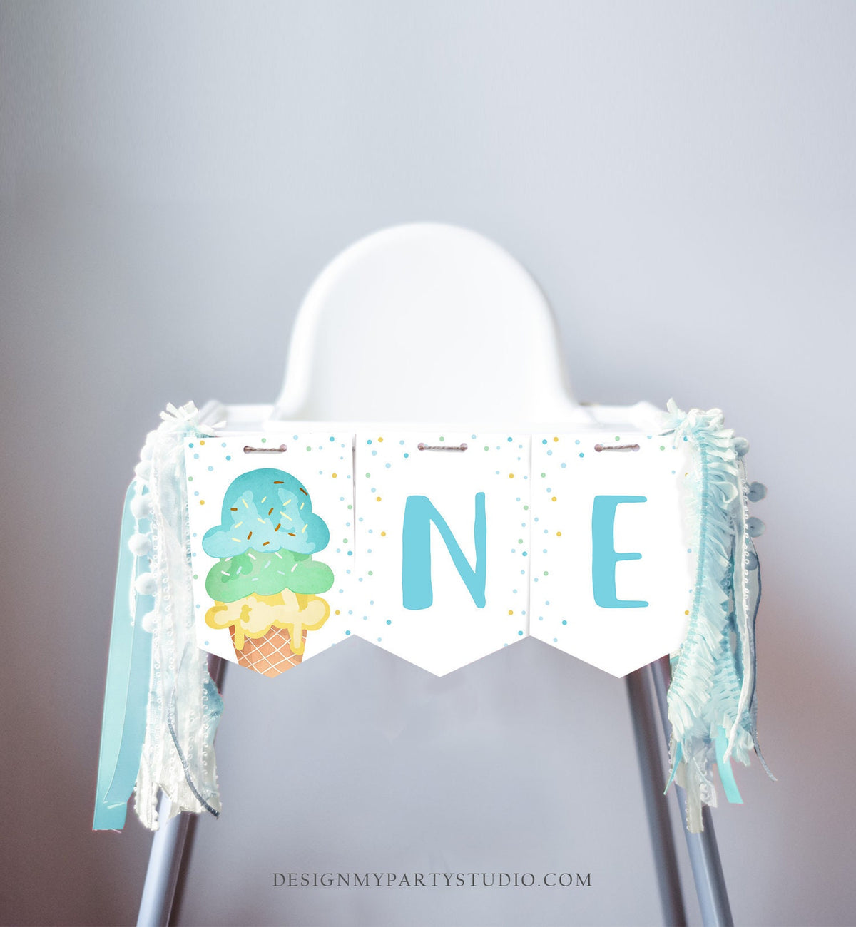 Ice Cream High Chair Banner Blue Mint Boy Ice Cream 1st First Birthday Boy High Chair ONE Banner Party Summer Scoop PRINTABLE Digital 0243