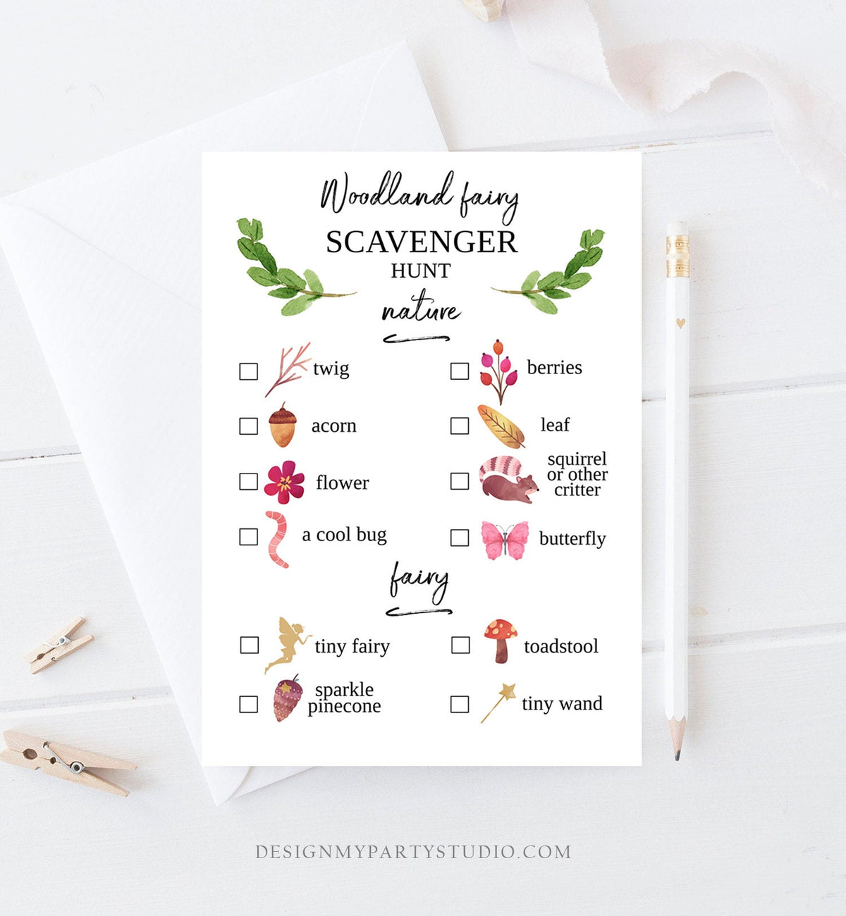 Editable Scavenger Hunt Checklist Game Party Woodland Fairy Birthday Whimsical Enchanted Forest Download Corjl Template Printable 0173