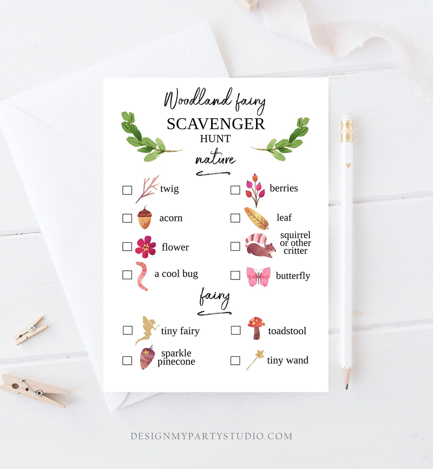 Editable Scavenger Hunt Checklist Game Party Woodland Fairy Birthday Whimsical Enchanted Forest Download Corjl Template Printable 0173