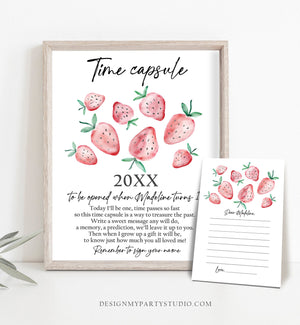 Editable Time Capsule Strawberry First Birthday Party Strawberry Decorations Berry Sweet Party Girl Pink Template Printable Corjl 0399