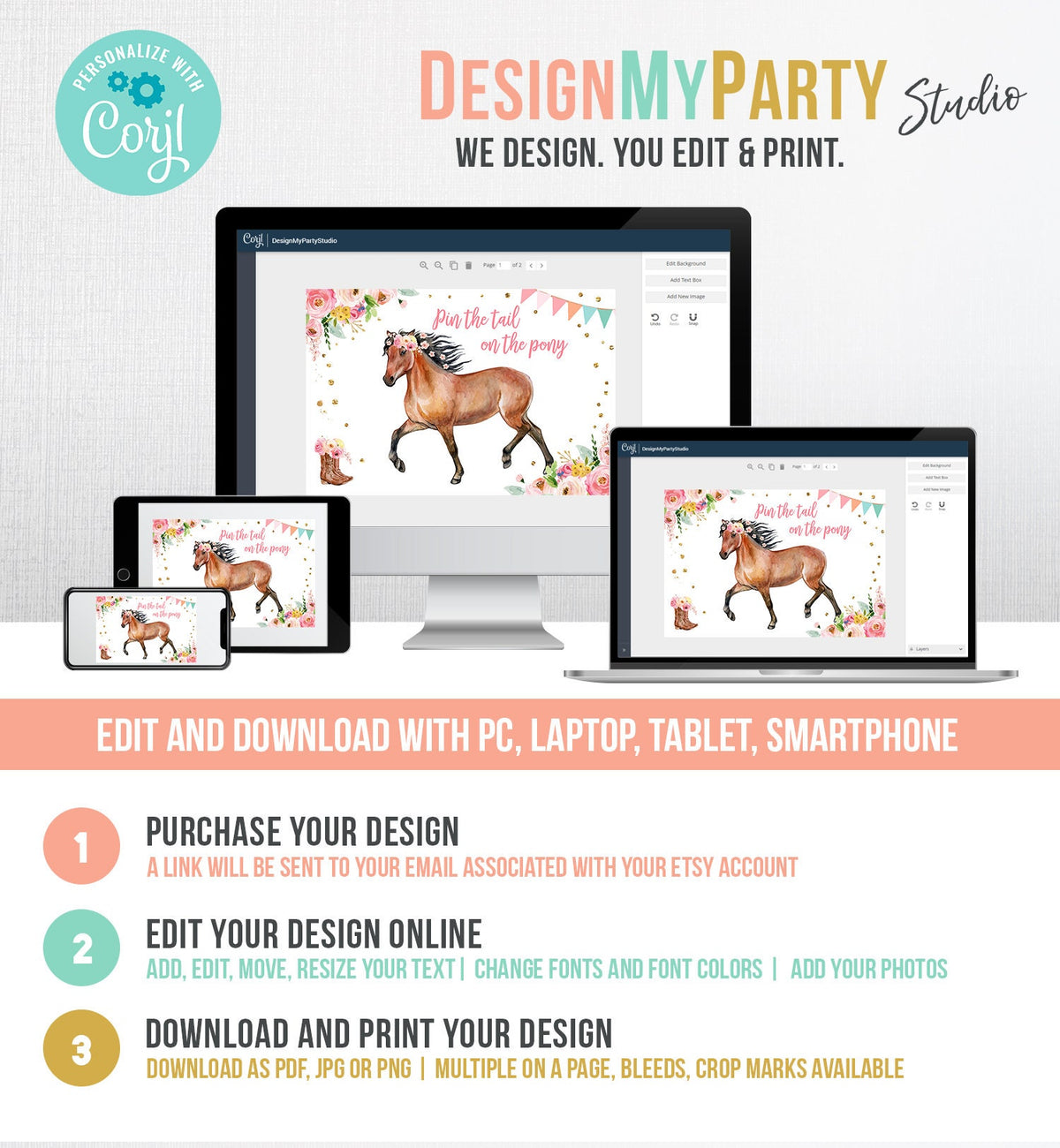 Editable Pin the Tail on the Pony Birthday Game Horse Birthday Party Decor Cowgirl Floral Pink Instant Download Printable Digital Corjl 0408