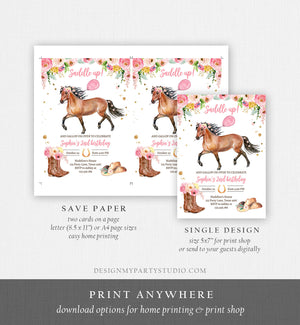 Editable Horse Birthday Invitation Girl Saddle Up Watercolor Cowgirl Horse Party Invite Pink Floral Download Printable Template Corjl 0408