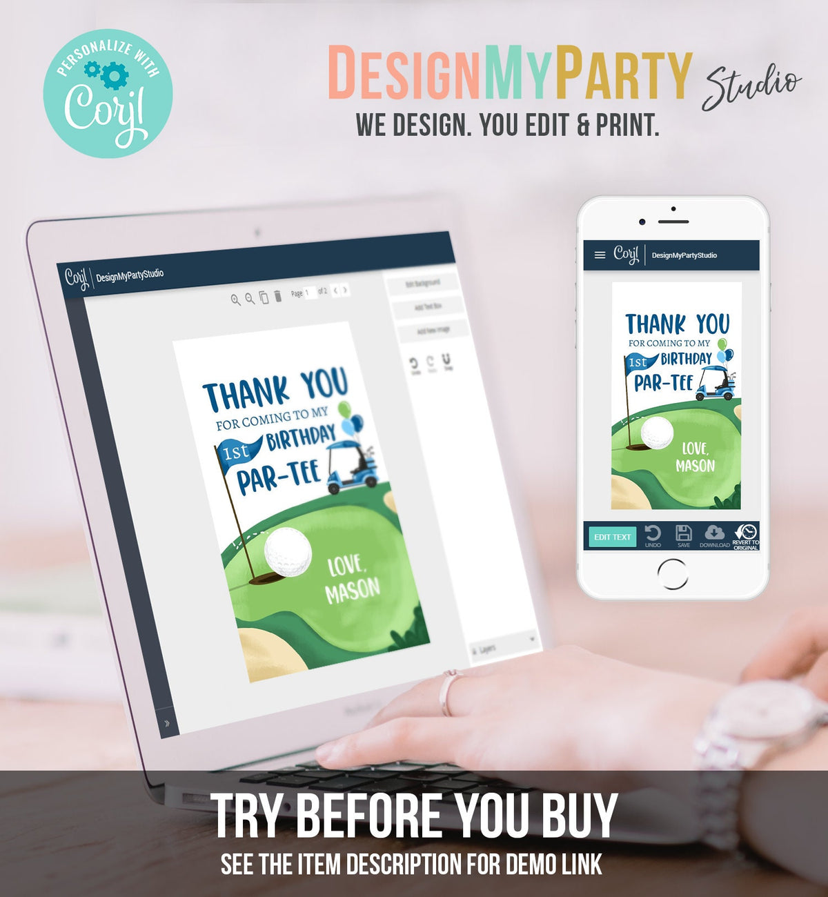 Editable Golf Favor Tags Golf Thank You Par-tee Tags Golfing Birthday Hole in One 1st Birthday Boy Gift Tag Download Corjl Template 0405