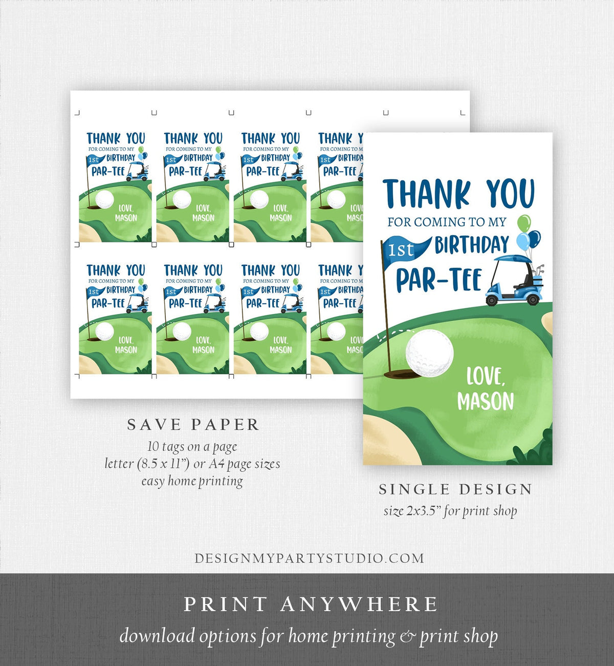 Editable Golf Favor Tags Golf Thank You Par-tee Tags Golfing Birthday Hole in One 1st Birthday Boy Gift Tag Download Corjl Template 0405