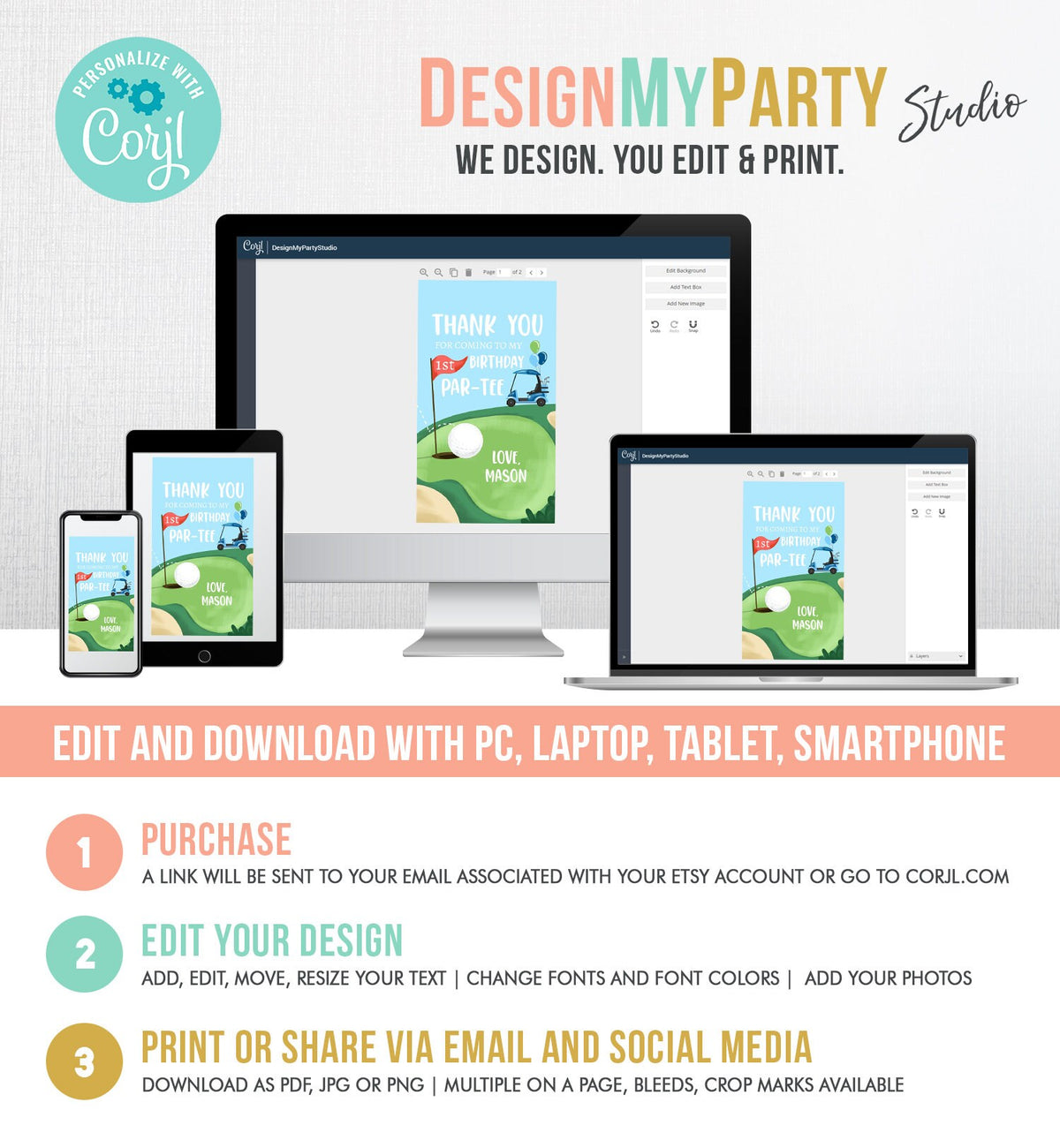 Editable Golf Favor Tag Golf Thank You Par-tee Tags Golfing Birthday Hole in One 1st Birthday Boy Gift Digital Template Printable 0405