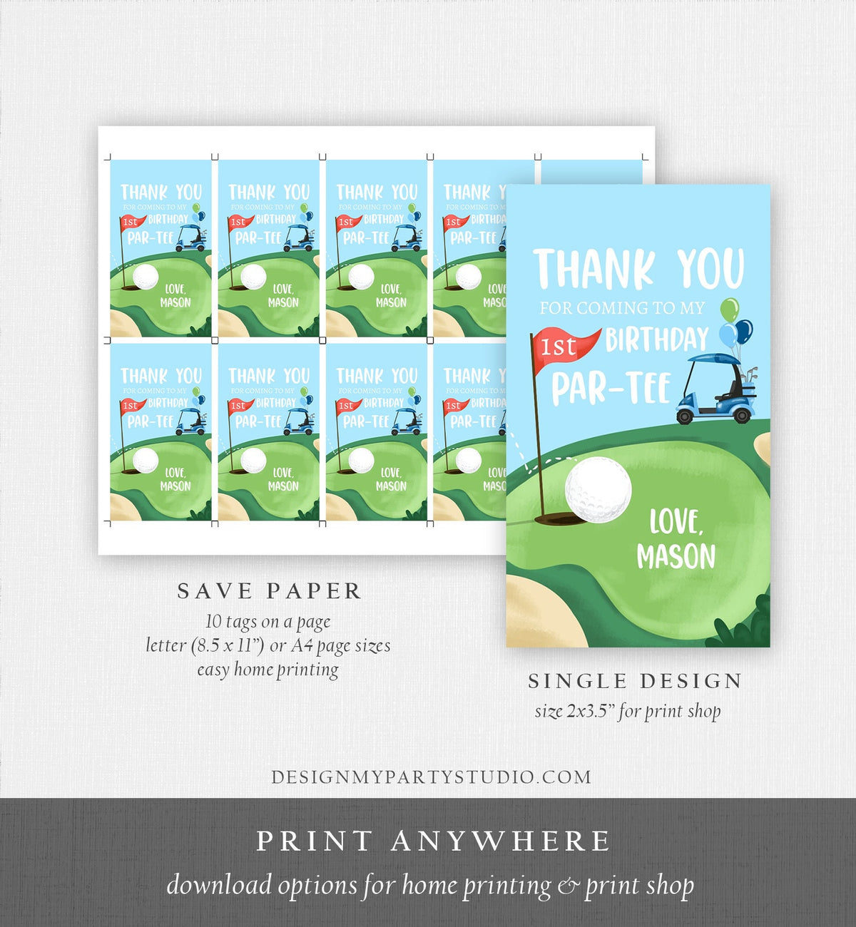 Editable Golf Favor Tag Golf Thank You Par-tee Tags Golfing Birthday Hole in One 1st Birthday Boy Gift Digital Template Printable 0405
