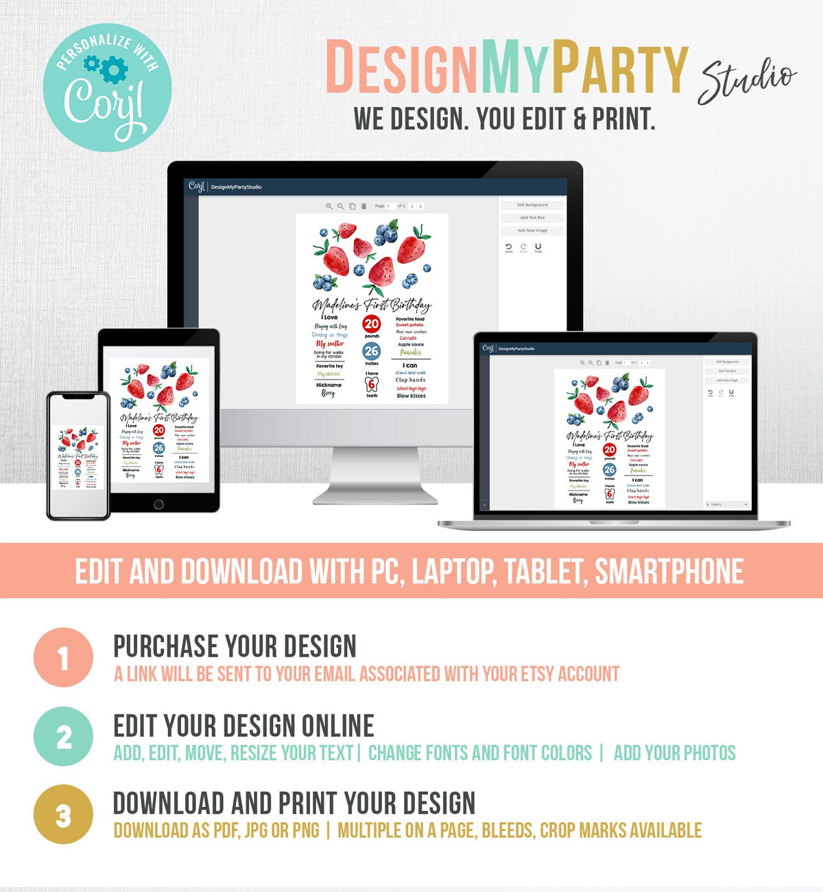 Editable Berry First Birthday Milestones Sign Strawberry Blueberry First Birthday Girl Farmers Market Download Template Printable Corjl 0399