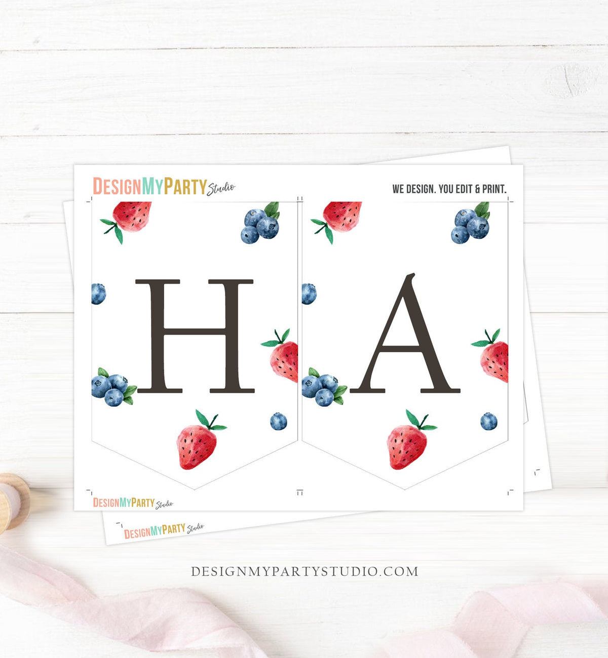 Happy Birthday Banner Strawberry Blueberry Banner Berry First Birthday Girl Decor Berry Sweet 1st Download PRINTABLE DIGITAL DIY 0399