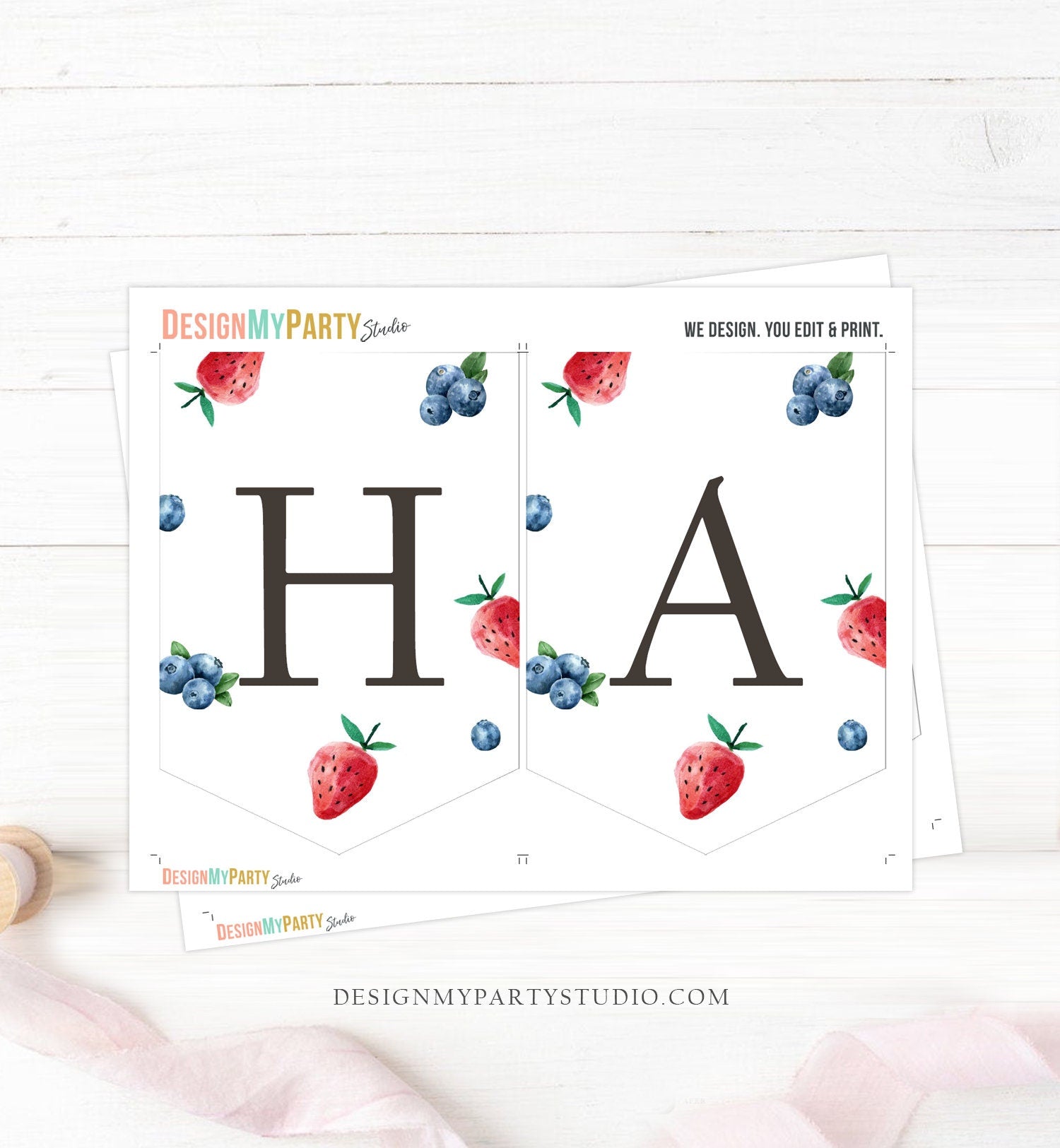 Happy Birthday Banner Strawberry Blueberry Banner Berry First Birthday Girl Decor Berry Sweet 1st Download PRINTABLE DIGITAL DIY 0399