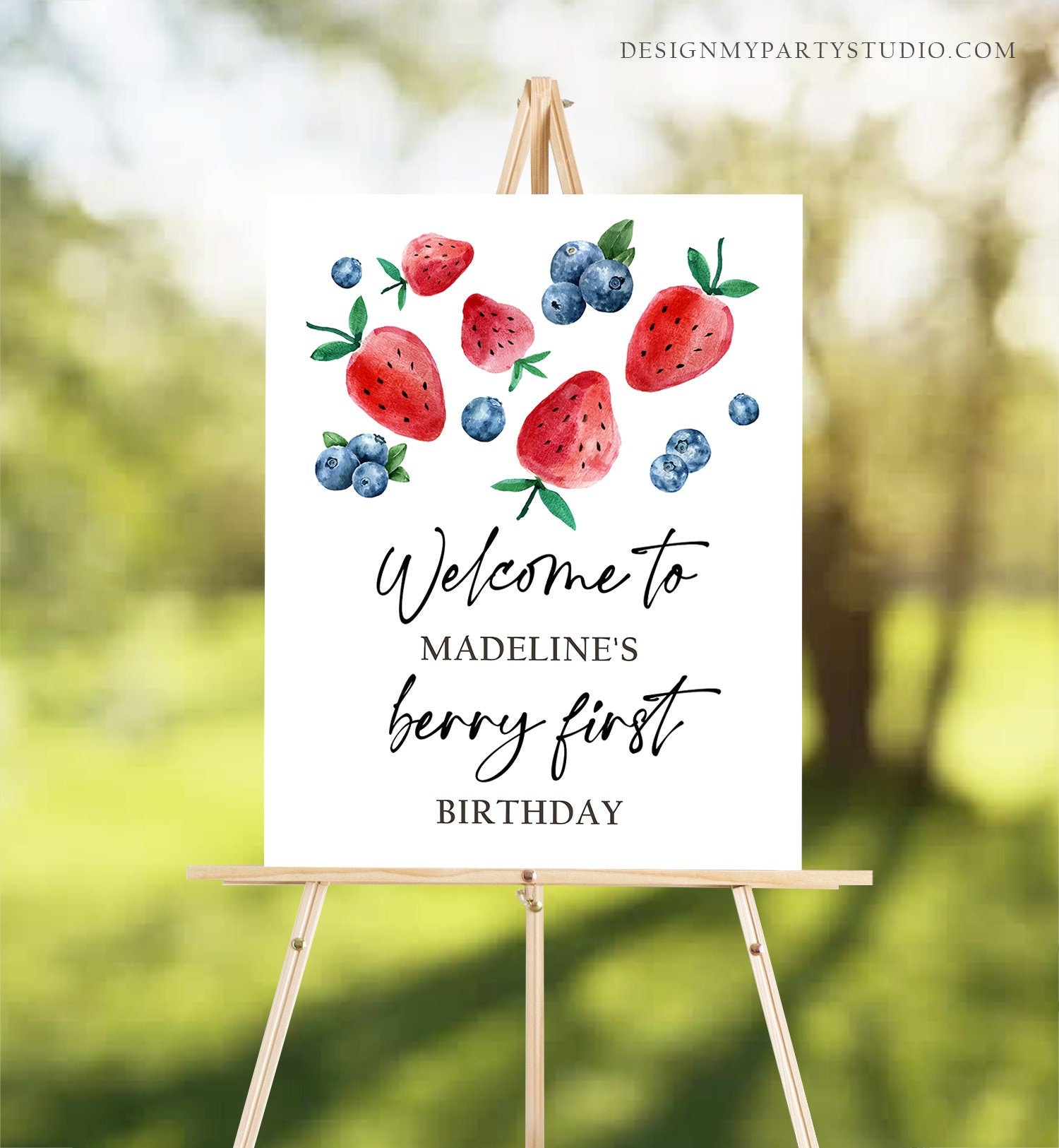 Editable Berry First Birthday Welcome Sign Strawberry Blueberry Party Welcome Farmers Market Girl Watercolor Template PRINTABLE Corjl 0399