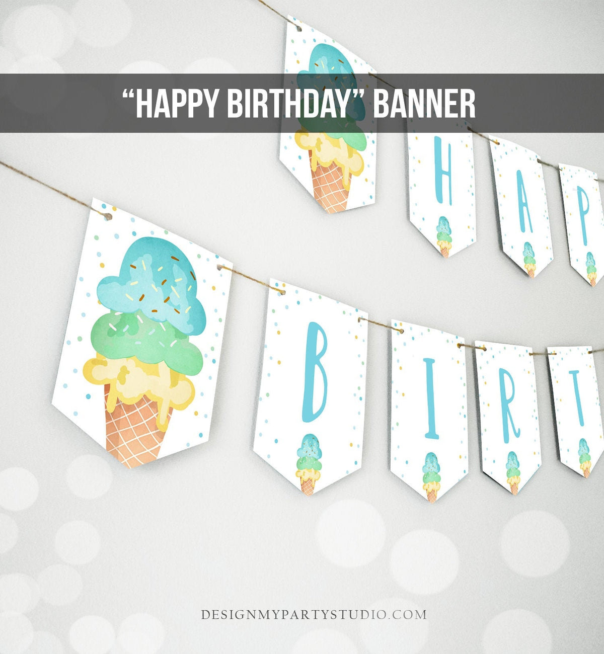 Happy Birthday Banner Boy Ice Cream Birthday Banner Ice Cream Party Boy Birthday Decorations Instant Download PRINTABLE DIGITAL DIY 0243