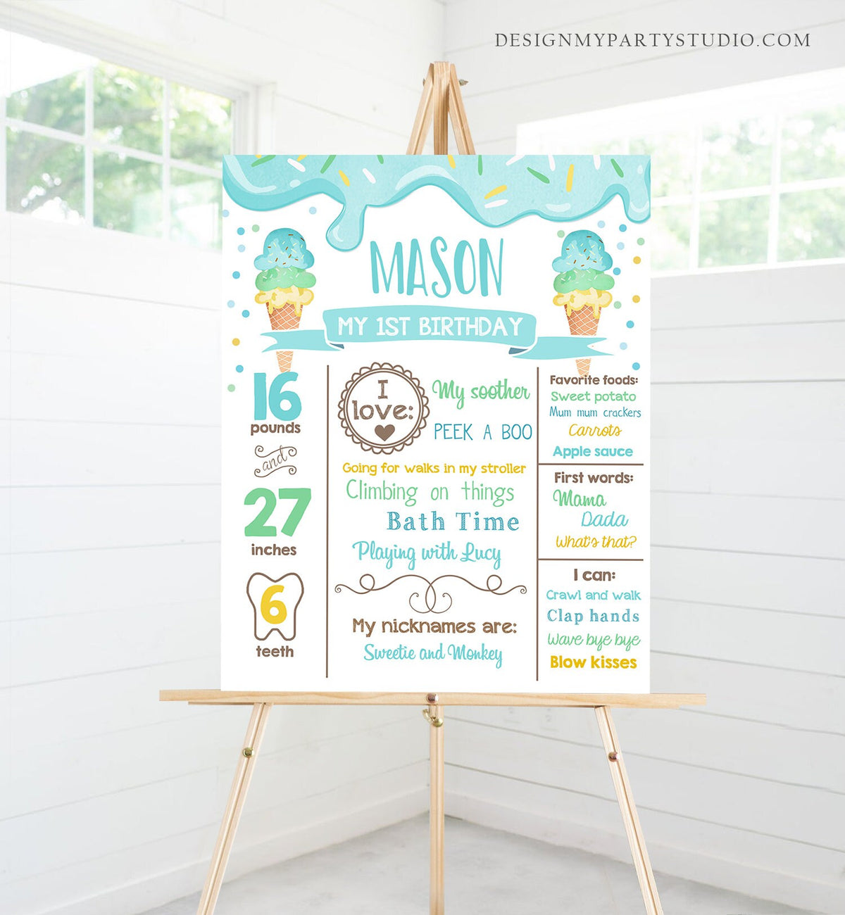 Editable Ice Cream Birthday Milestones Sign Boy First Birthday Sign 1st Sweet One Summer Poster Download Digital Template Printable 0243