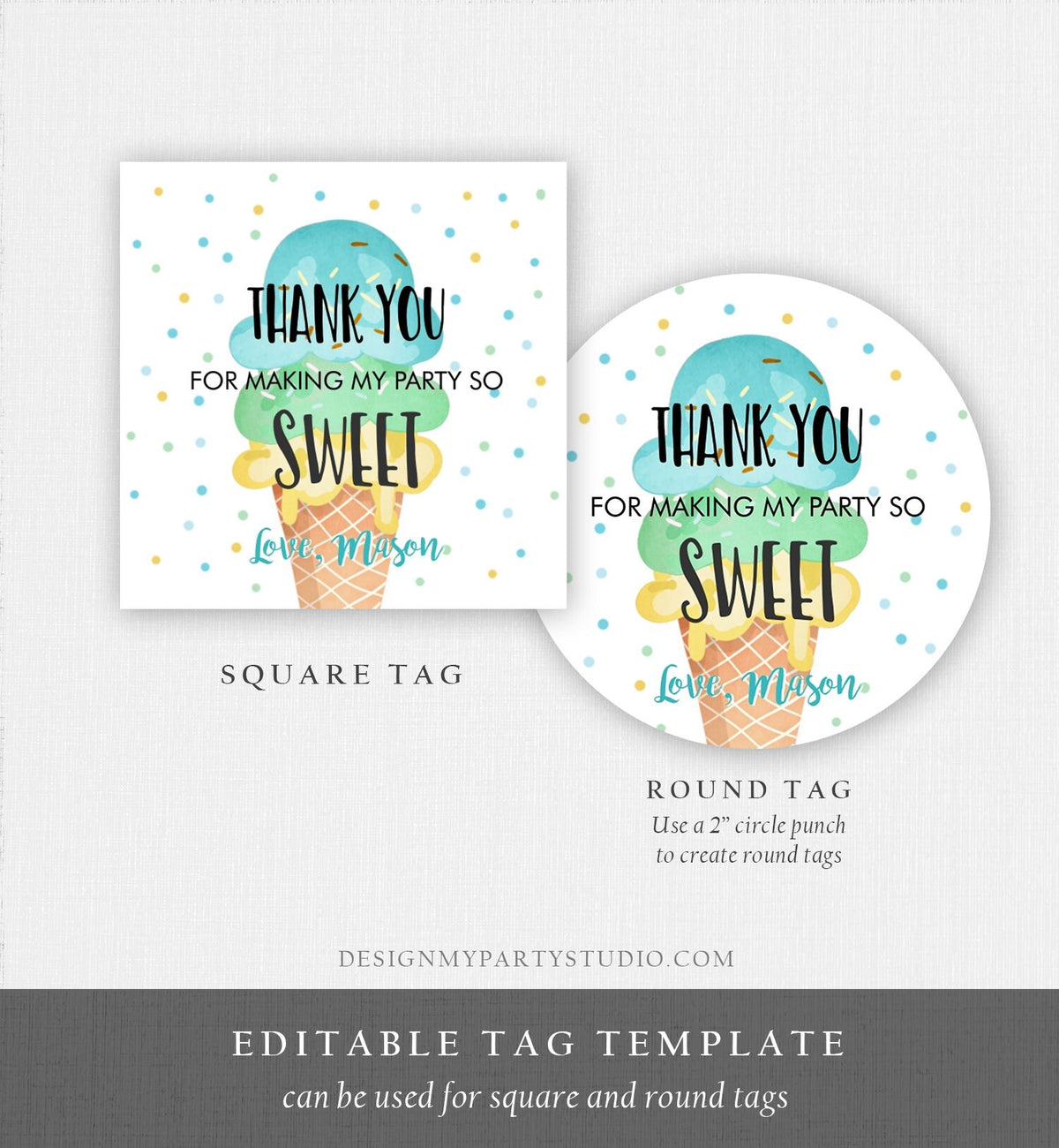 Editable Ice Cream Thank you Tags Round Ice Cream Stickers Ice Cream Birthday Boy Blue Mint Ice Cream Social Favor Tags Template Corjl 0243