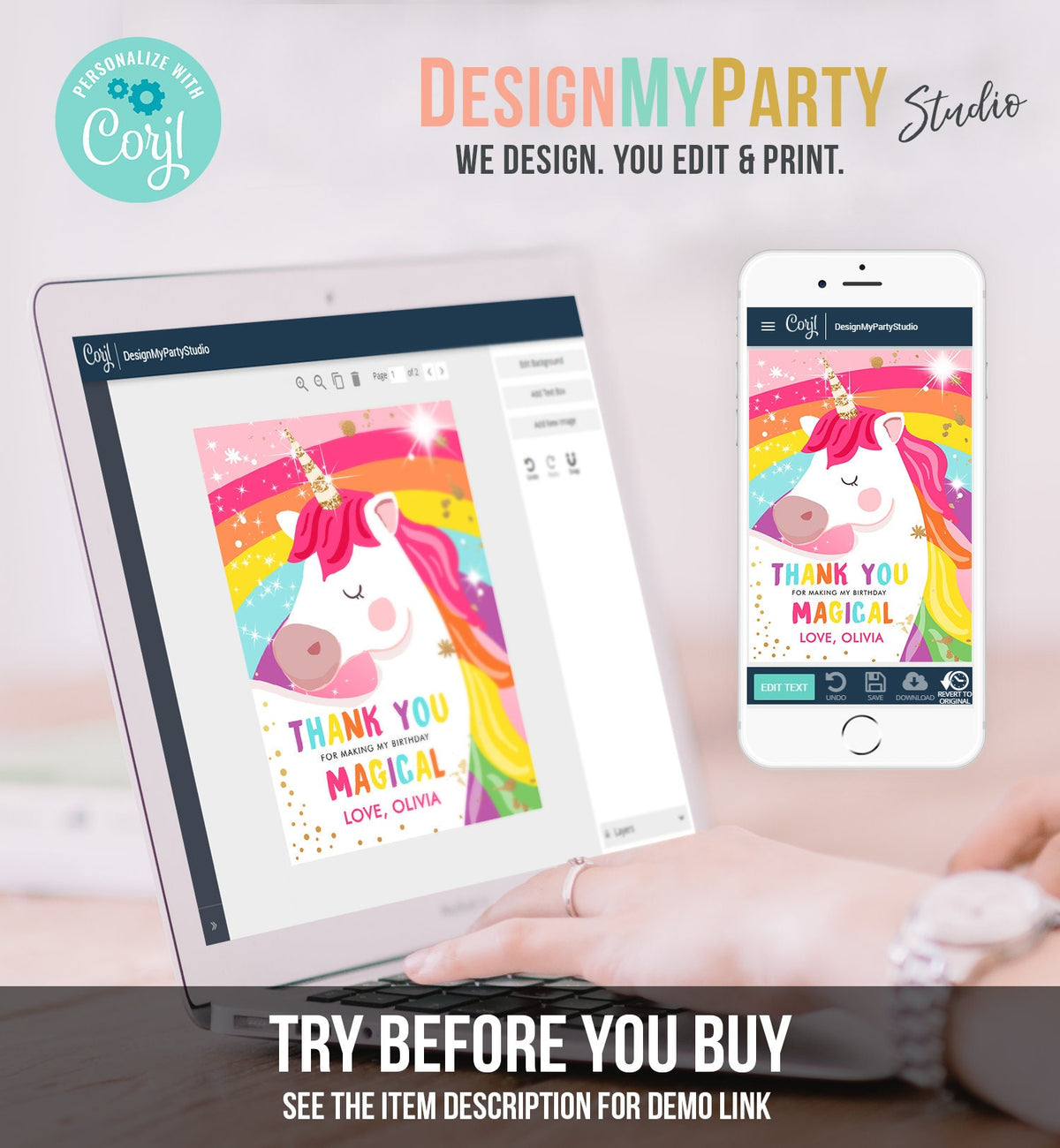 Editable Unicorn Thank You Card Magical Birthday Party Rainbow Thank You Note Pink Gold Girl Unicorn Digital Template Printable 0323