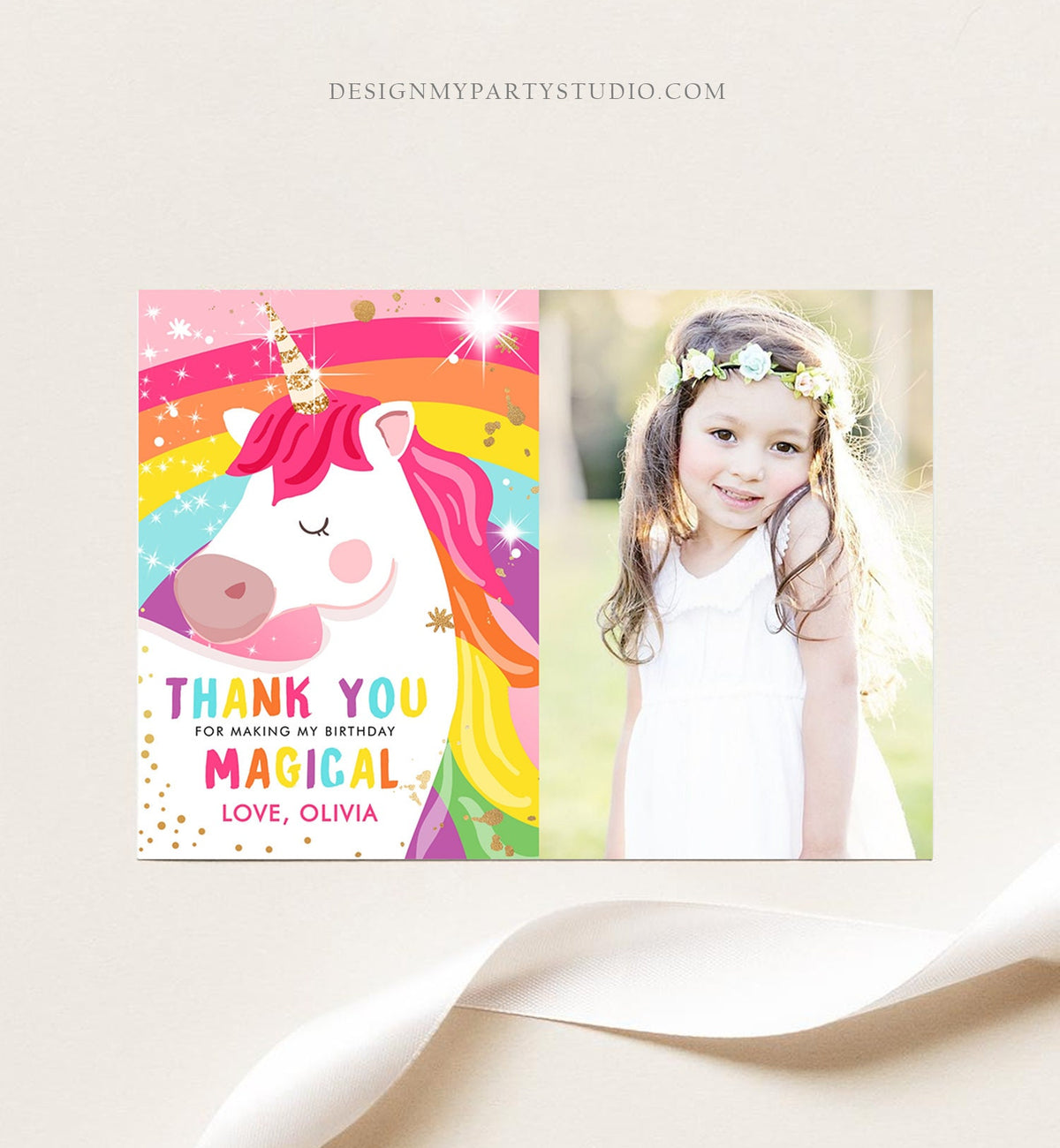 Editable Unicorn Thank You Card Magical Birthday Party Rainbow Thank You Note Pink Girl Photo Unicorn Digital Template Printable 0323