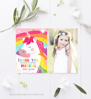 Editable Unicorn Thank You Card Magical Birthday Party Rainbow Thank You Note Pink Girl Photo Unicorn Printable Template Corjl Digital 0323