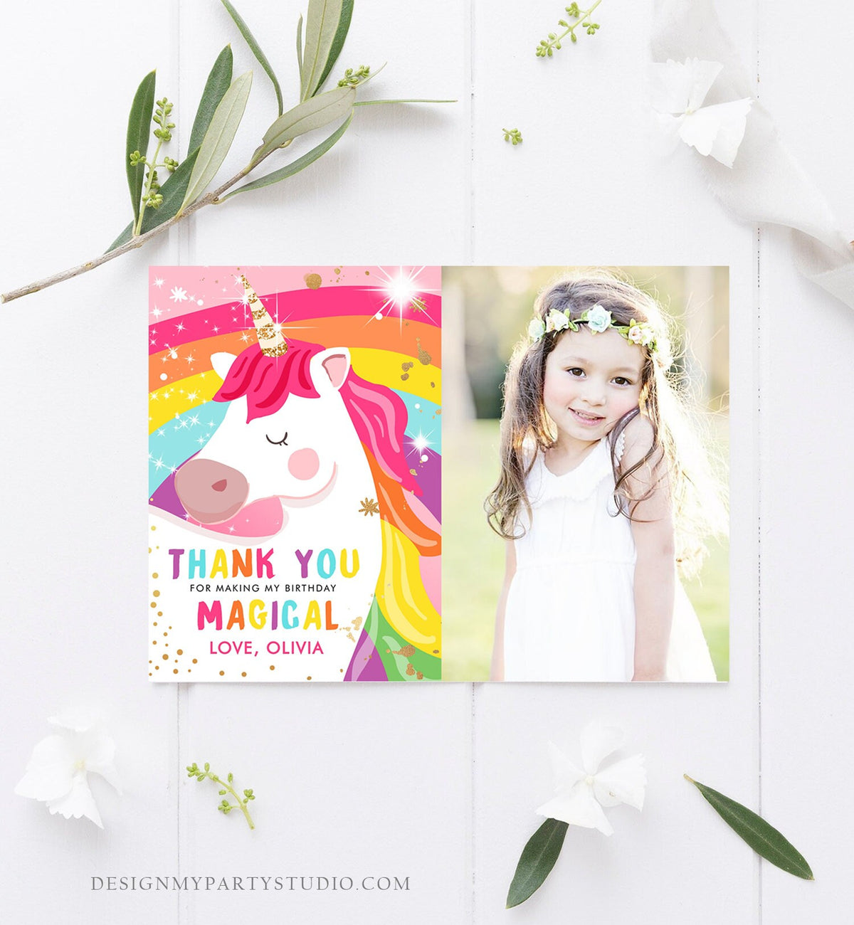 Editable Unicorn Thank You Card Magical Birthday Party Rainbow Thank You Note Pink Girl Photo Unicorn Digital Template Printable 0323