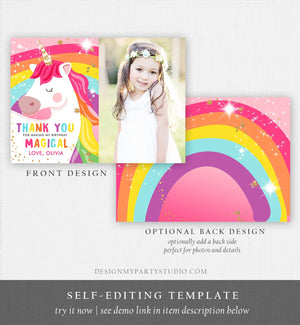 Editable Unicorn Thank You Card Magical Birthday Party Rainbow Thank You Note Pink Girl Photo Unicorn Printable Template Corjl Digital 0323