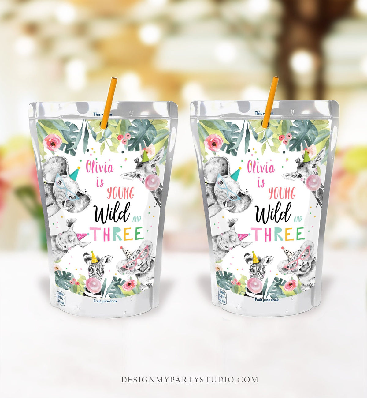 Editable Party Animals Juice Pouch Label Juice Favors Young Wild and Three Party Animals Birthday Girl Download Template Printable 0322