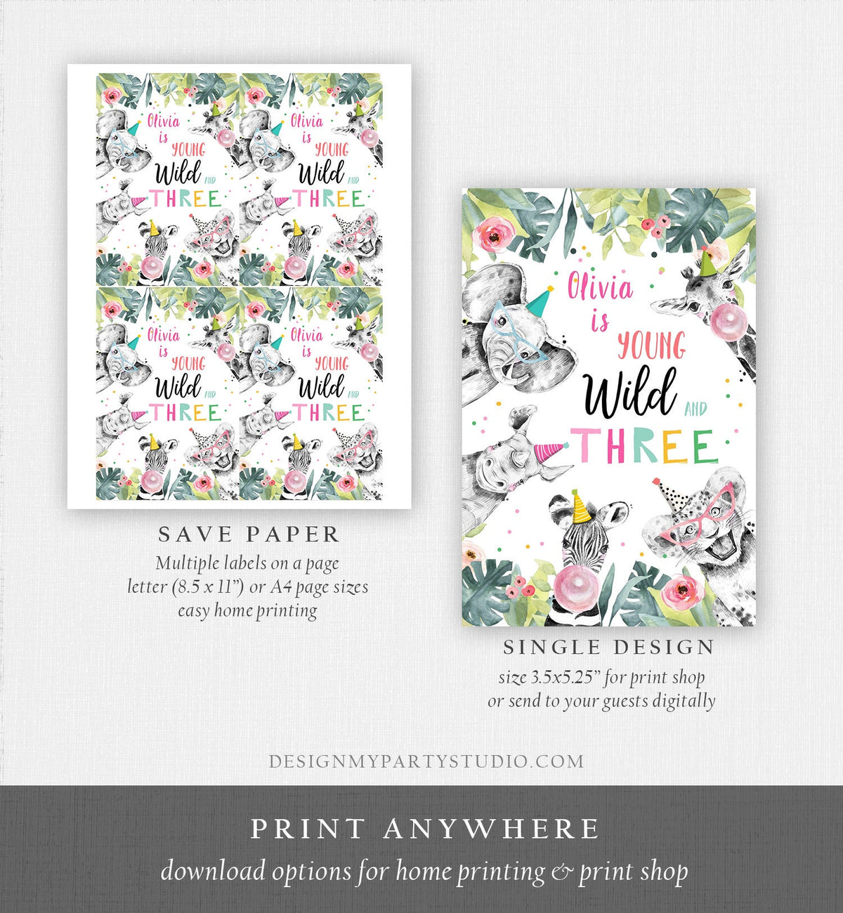 Editable Party Animals Juice Pouch Label Juice Favors Young Wild and Three Party Animals Birthday Girl Download Template Printable 0322