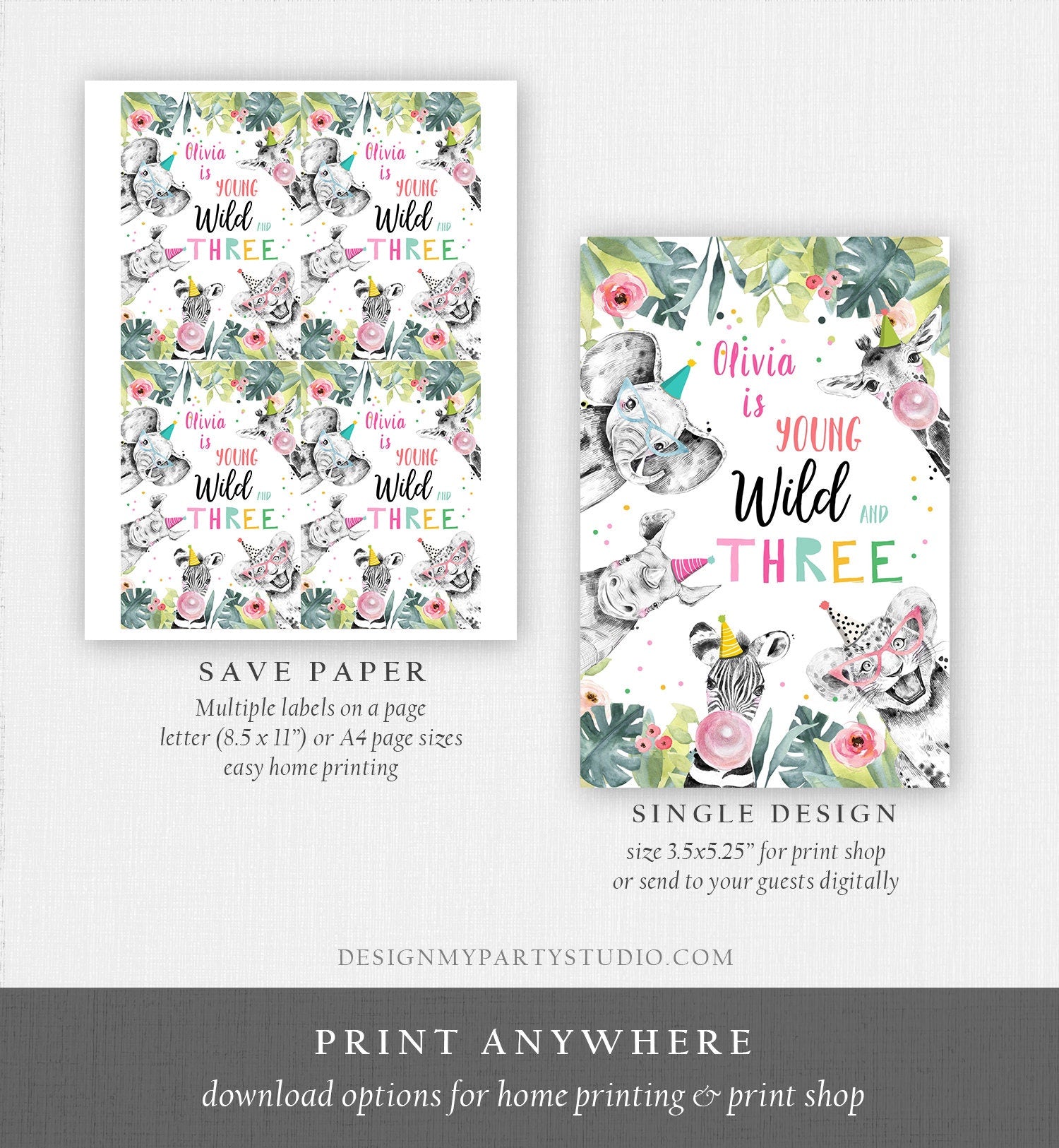 Editable Party Animals Juice Pouch Label Juice Favors Young Wild and Three Party Animals Birthday Girl Download Template Printable 0322