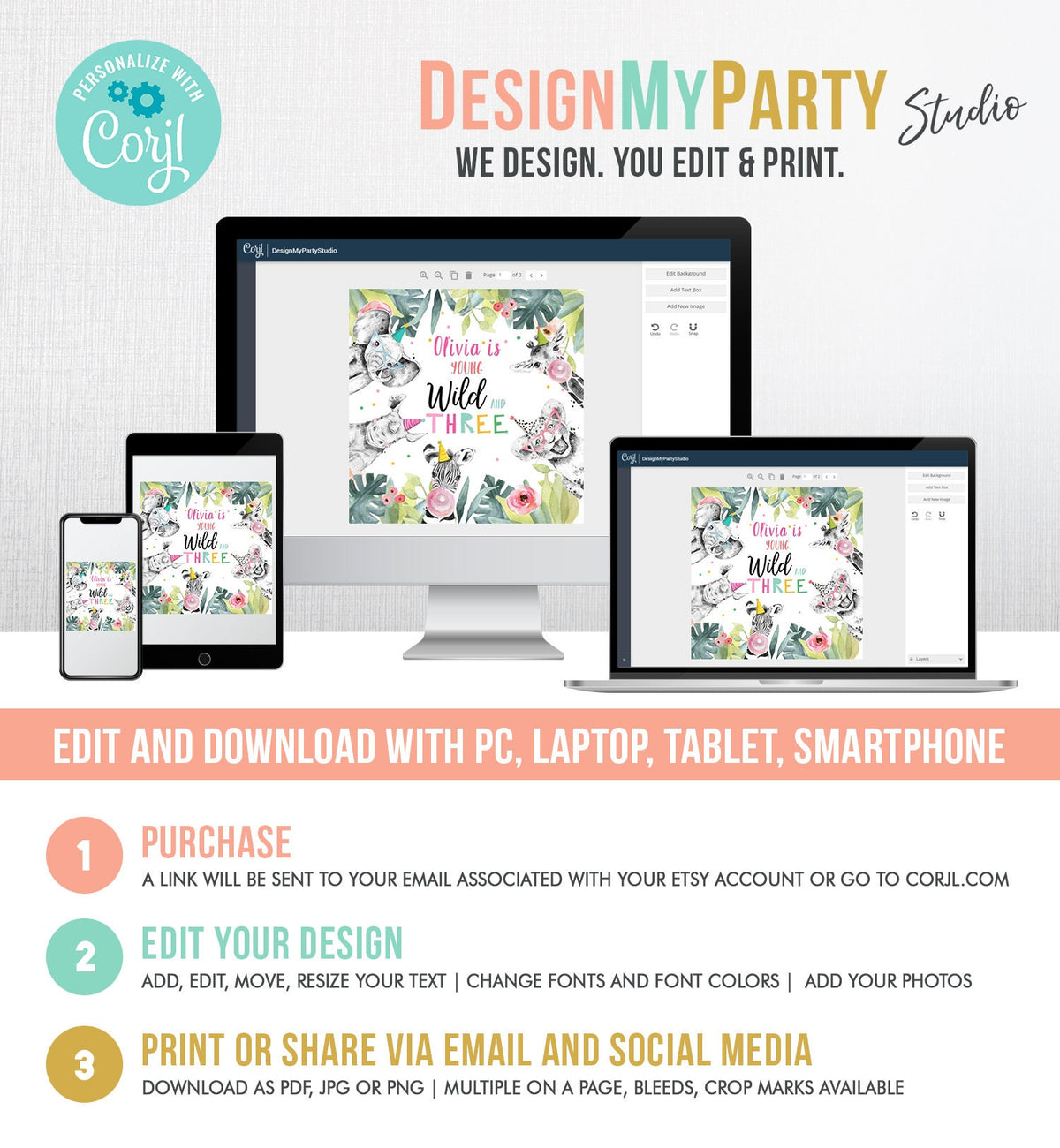 Editable Party Animals Young Wild and Three Favor tags 3rd Birthday Safari Animals Zoo Birthday Wild Time Stickers Zoo Template Corjl 0322