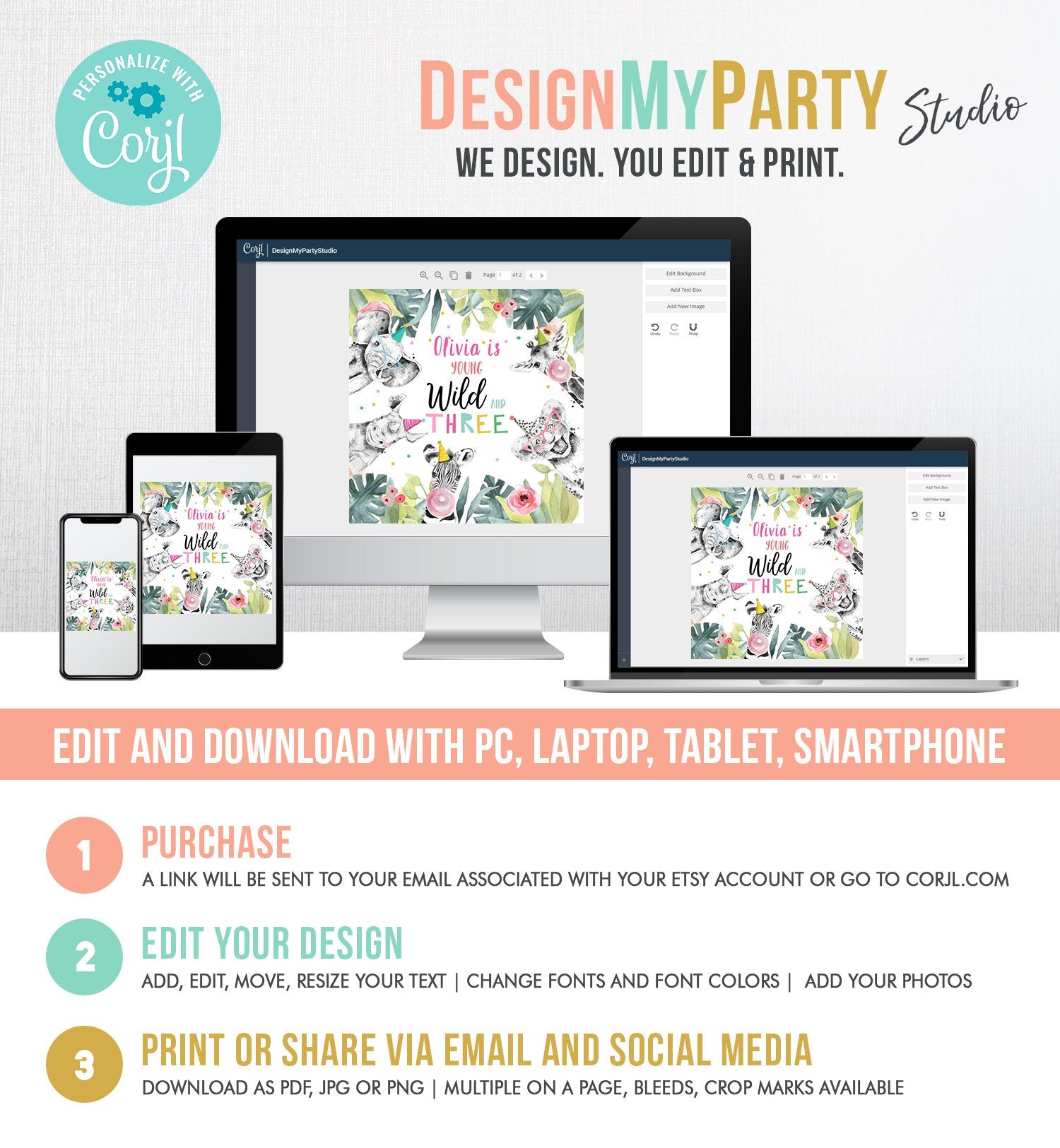 Editable Party Animals Young Wild and Three Favor tags 3rd Birthday Safari Animals Zoo Birthday Wild Time Stickers Zoo Template Corjl 0322