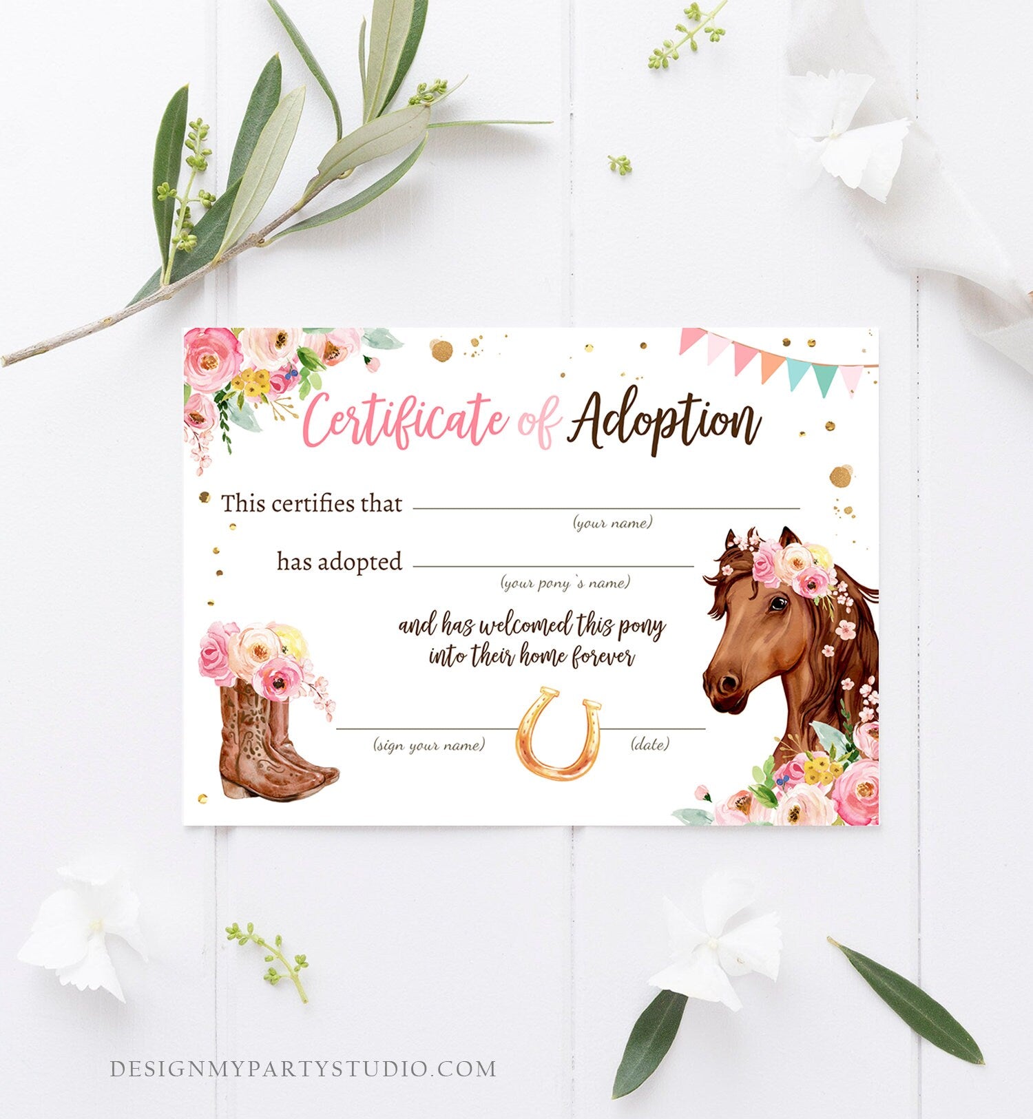 Adopt a Pony Adoption Certificate Horse Adoption Horse Birthday Party Pony Birthday Girl Horseback Riding Download Digital PRINTABLE 0408