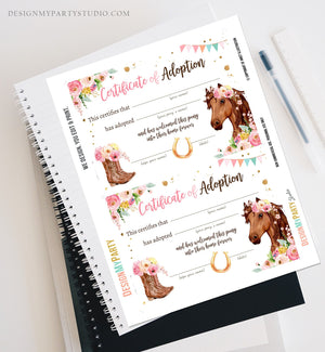 Adopt a Pony Adoption Certificate Horse Adoption Horse Birthday Party Pony Birthday Girl Horseback Riding Download Digital PRINTABLE 0408