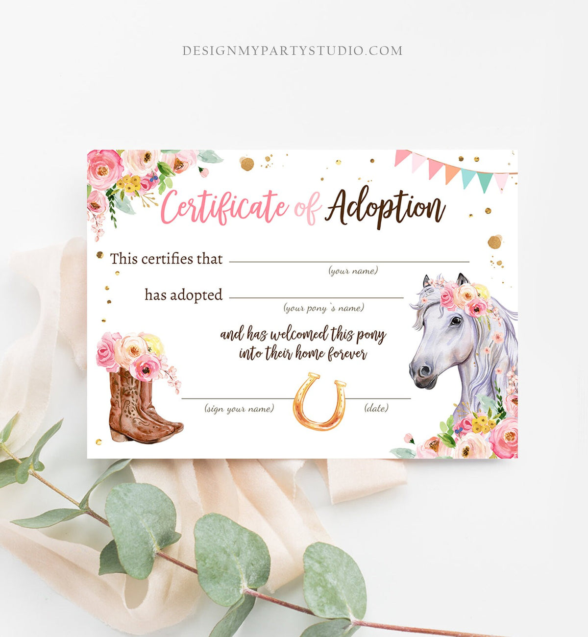 Adopt a Pony Adoption Certificate Horse Adoption Horse Birthday Party Pony Birthday Girl Horseback Riding Download Digital PRINTABLE 0408