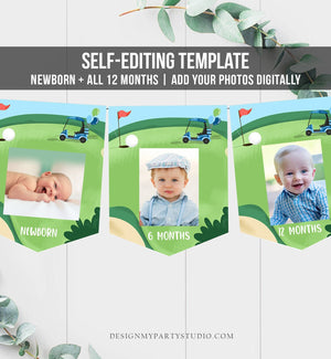 Editable Hole in One Birthday Banner Monthly Photo Banner Golf 1st Birthday Par-tee Golfing Digital Download Corjl Template Printable 0405