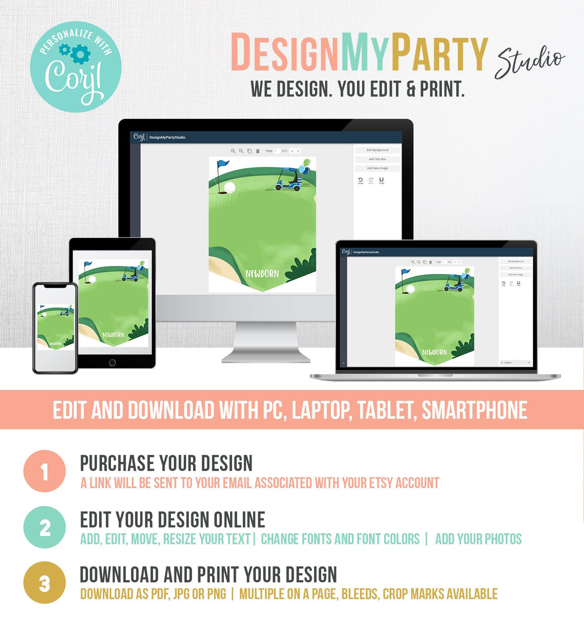 Editable Hole in One Birthday Banner Monthly Photo Banner Golf 1st Birthday Par-tee Golfing Digital Download Corjl Template Printable 0405