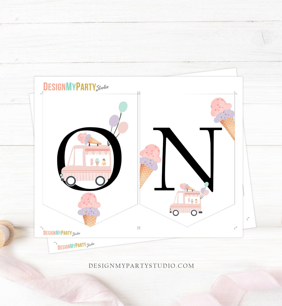 Ice Cream Truck High Chair Banner Modern Mint Pink Ice Cream 1st First Birthday Girl High Chair ONE Banner Sweet One PRINTABLE Digital 0415