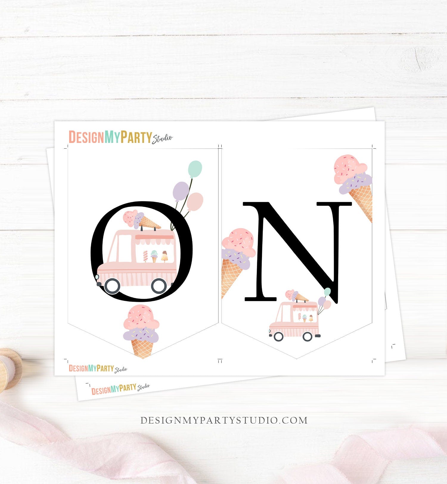 Ice Cream Truck High Chair Banner Modern Mint Pink Ice Cream 1st First Birthday Girl High Chair ONE Banner Sweet One PRINTABLE Digital 0415