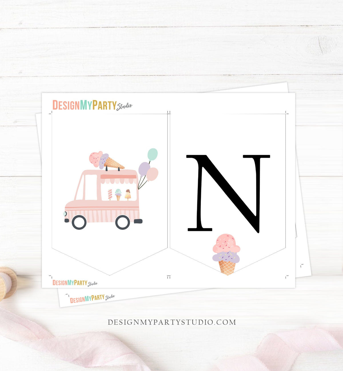 Ice Cream Truck High Chair Banner Modern Mint Pink Ice Cream 1st First Birthday Girl High Chair ONE Banner Sweet One Digital Printable 0415