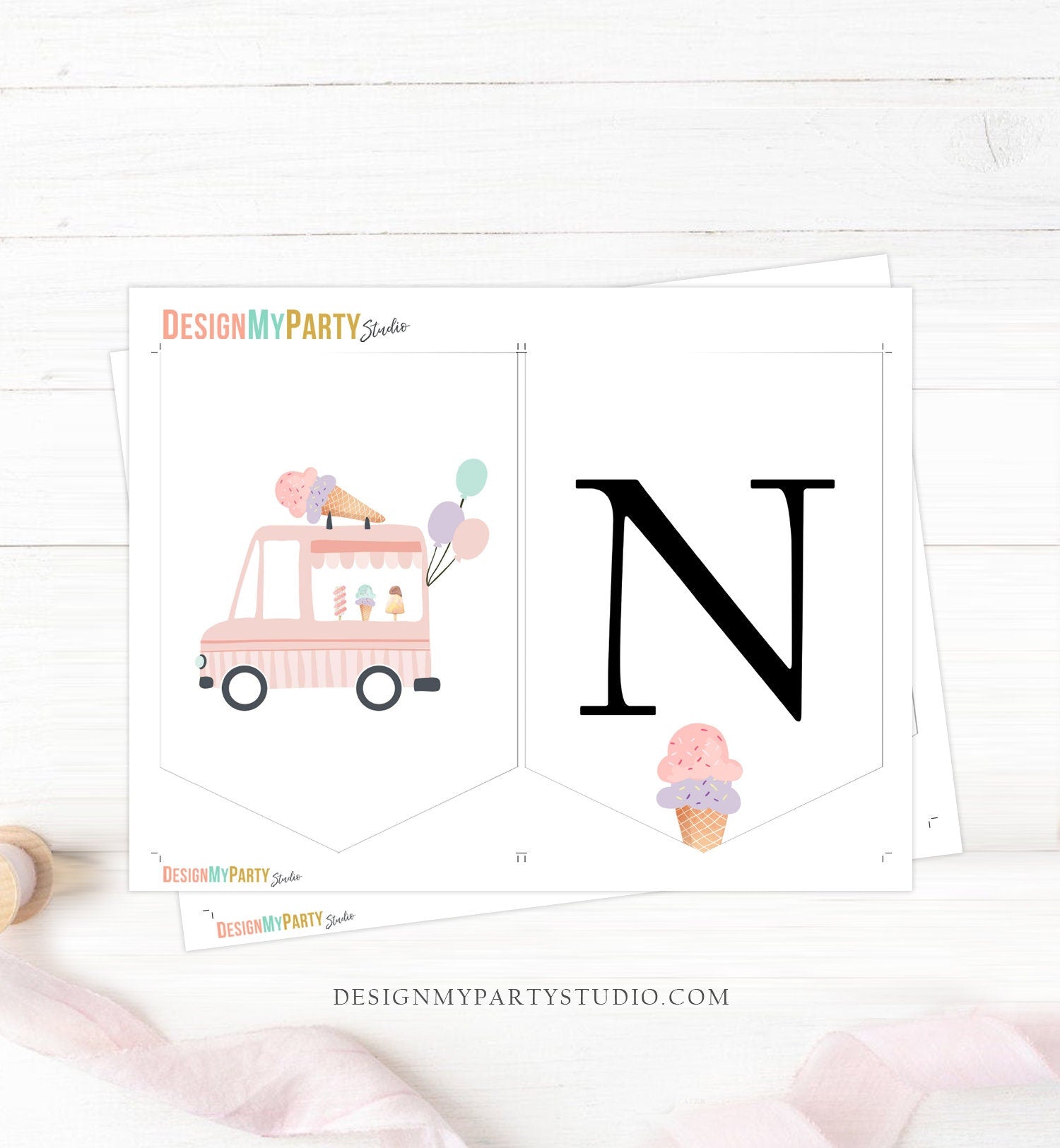 Ice Cream Truck High Chair Banner Modern Mint Pink Ice Cream 1st First Birthday Girl High Chair ONE Banner Sweet One Digital Printable 0415