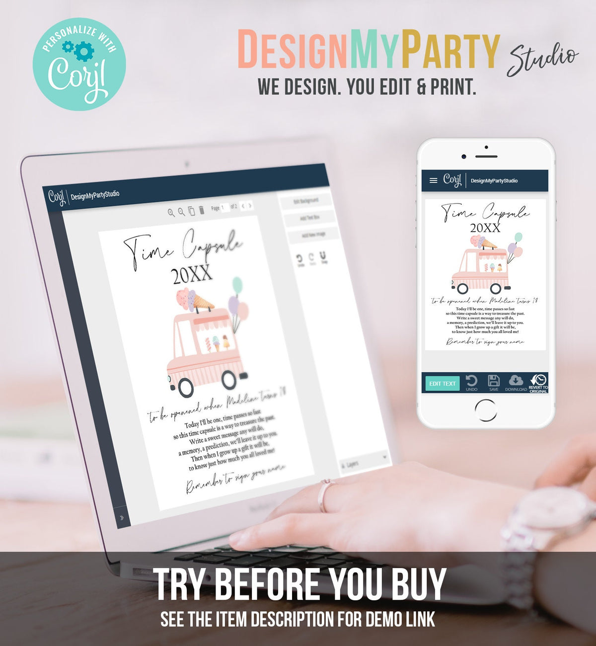 Editable Ice Cream Truck Birthday Party Time Capsule First Ice Cream Birthday Summer Party Decor Sweet One Template Printable Digital 0415