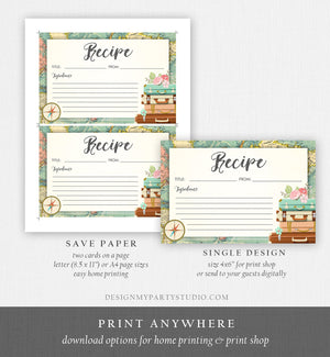 Editable Travel Recipe Cards Baby Bridal Shower Adventure World Map Suitcases Floral Advice Wedding Download Corjl Template Printable 0044