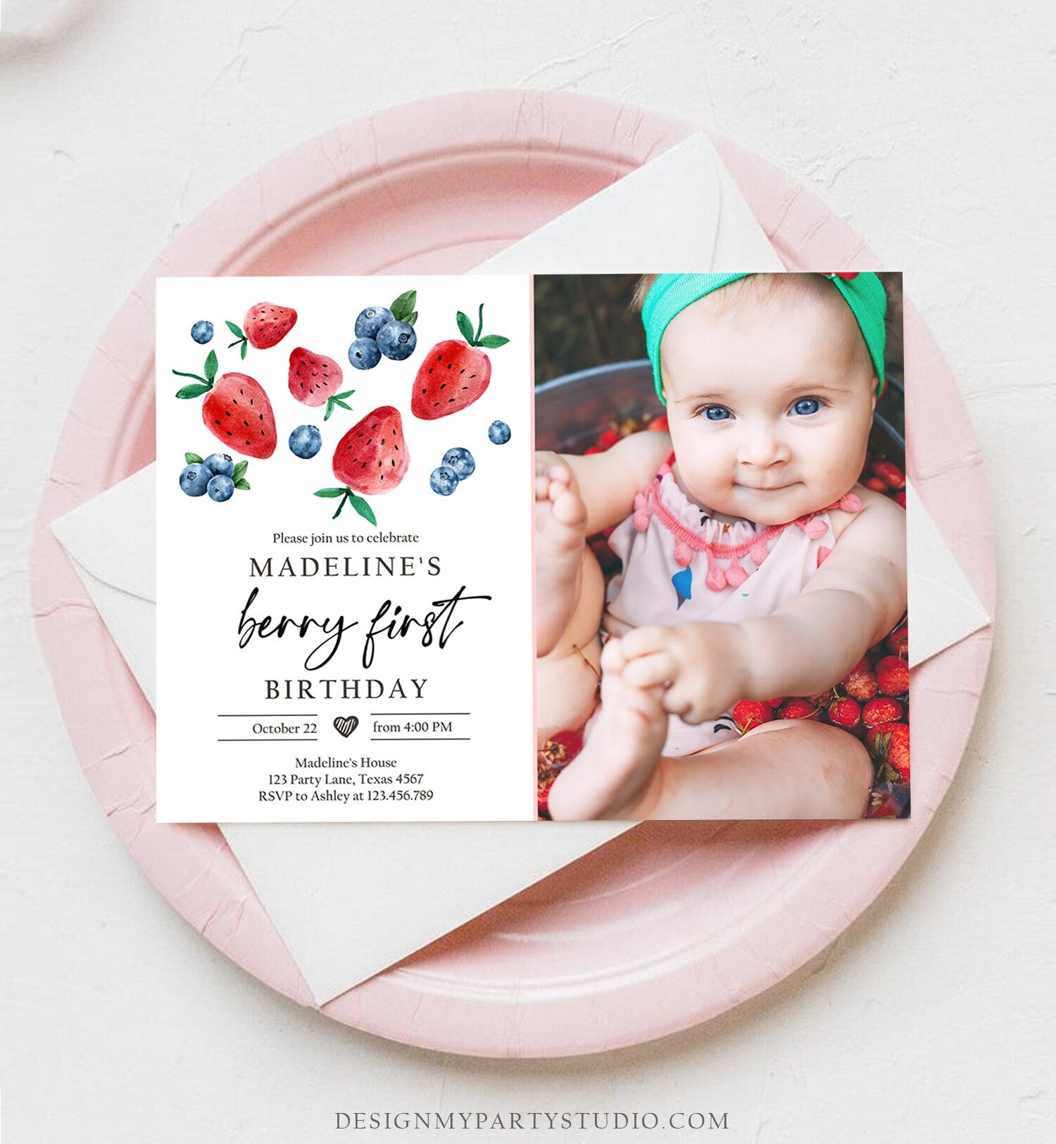 Editable Berry Sweet Birthday Invitation Blueberry Strawberry Picking Party Farmers Market Twin Printable Photo Template Corjl Digital 0399
