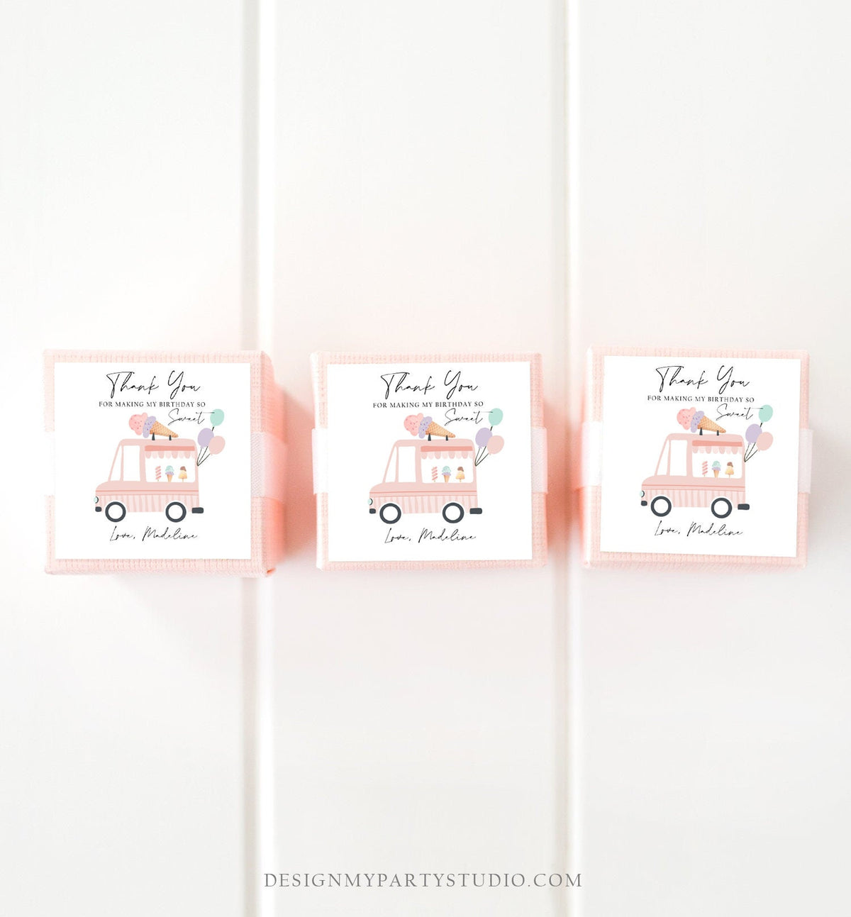 Editable Ice Cream Truck Favor Thank You Tags Ice Cream Birthday Party Modern Girl Pink Purple Gift Bag Labels Corjl Template PRINTABLE 0415