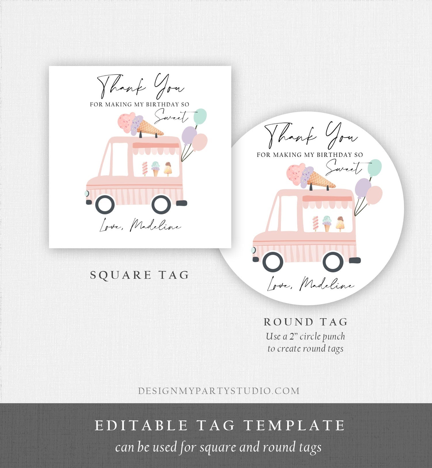 Editable Ice Cream Truck Favor Thank You Tags Ice Cream Birthday Party Modern Girl Pink Purple Gift Bag Labels Corjl Template PRINTABLE 0415