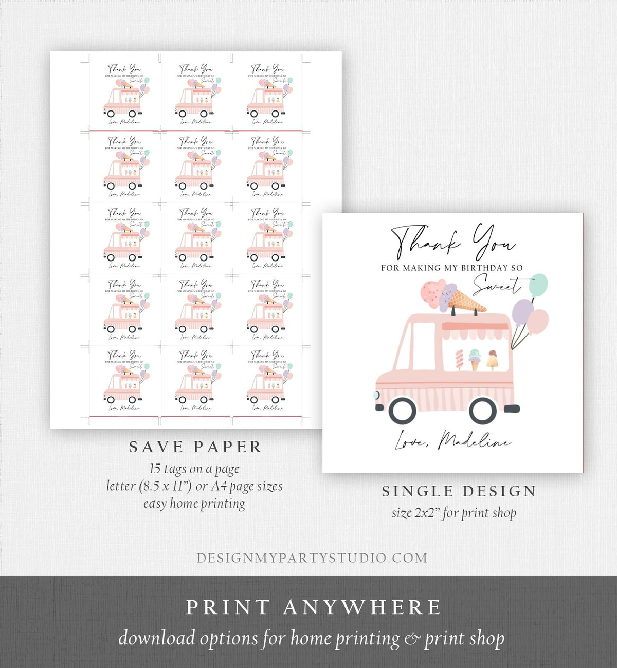Editable Ice Cream Truck Favor Thank You Tags Ice Cream Birthday Party Modern Girl Pink Purple Gift Bag Labels Corjl Template PRINTABLE 0415