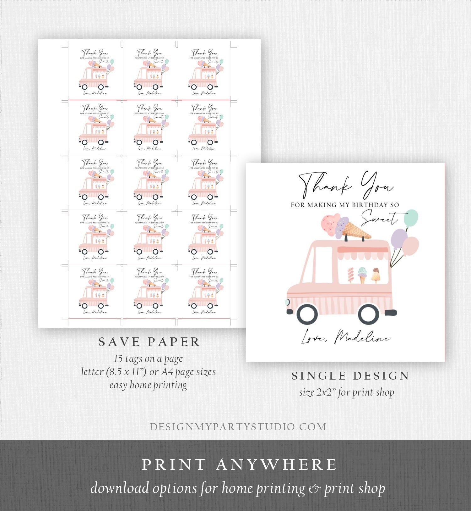 Editable Ice Cream Truck Favor Thank You Tags Ice Cream Birthday Party Modern Girl Pink Purple Gift Bag Labels Corjl Template PRINTABLE 0415