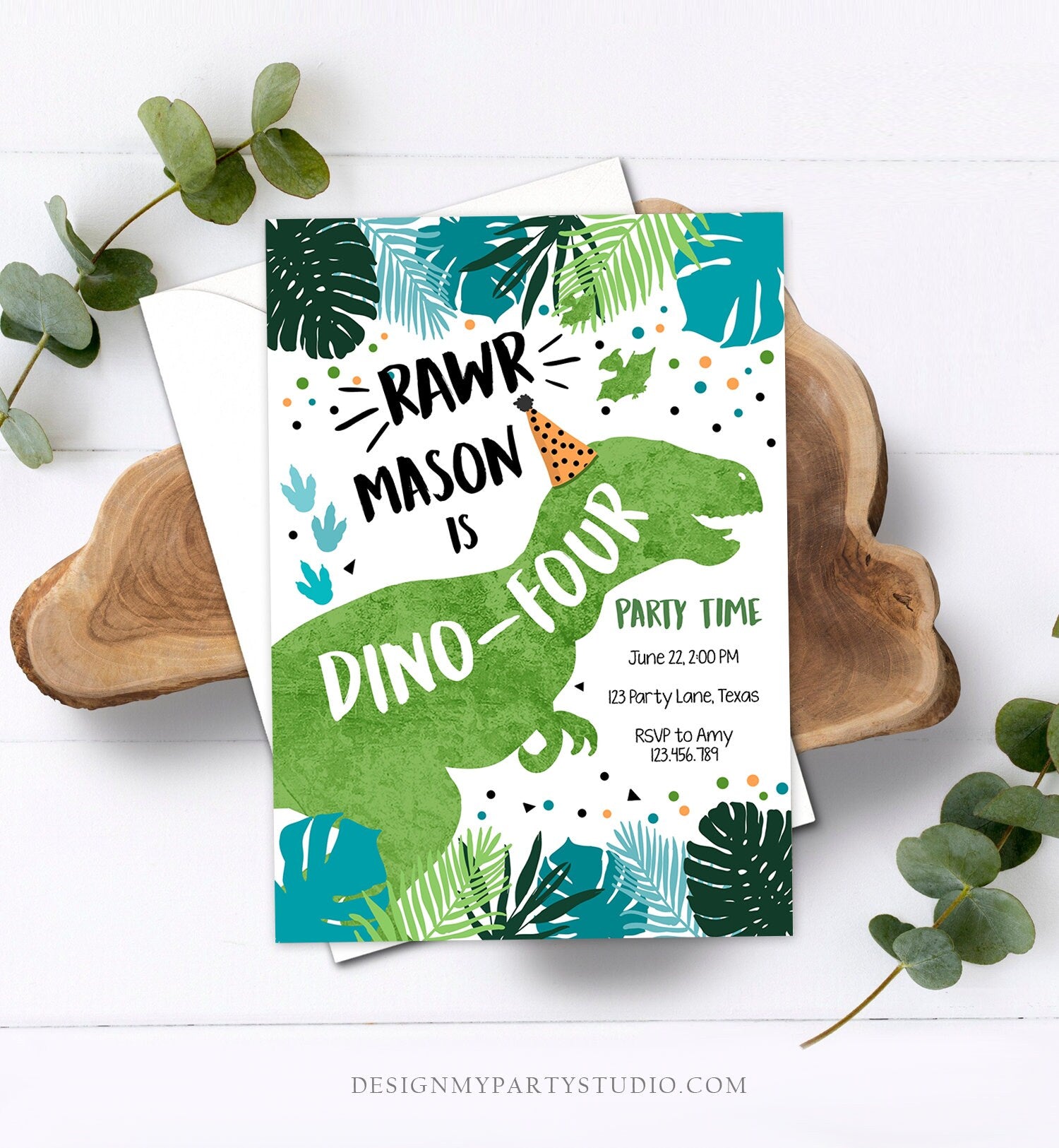 Editable Dino-Four Dinosaur Birthday Invitation Dino T-Rex 4th Birthday Fourth Rawr Boy Green Blue Prehistoric Printable Corjl Template 0389