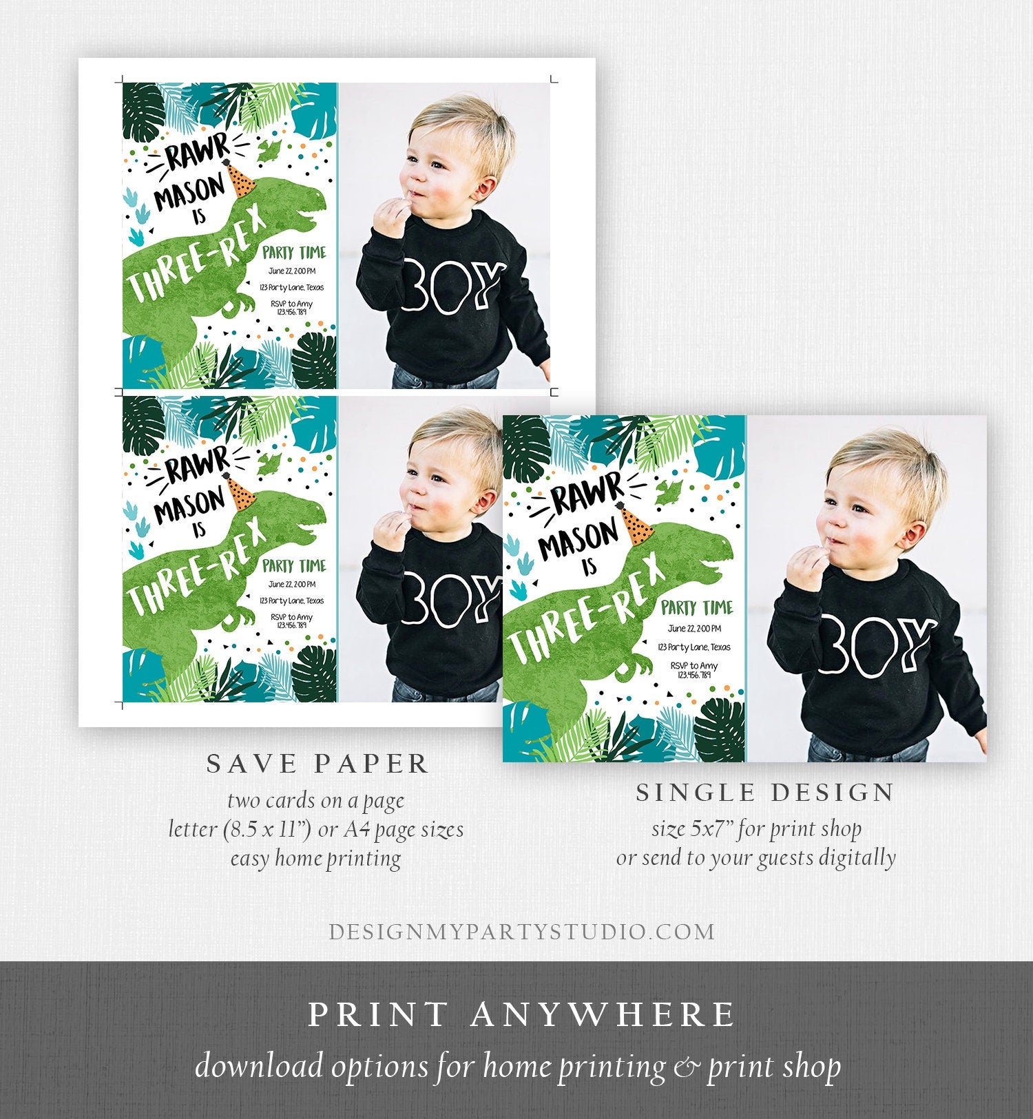 Editable Three-Rex Dinosaur Birthday Invitation Dino T-Rex Third Birthday 3rd Rawr Boy Green Blue Prehistoric Evite Template Printable 0389