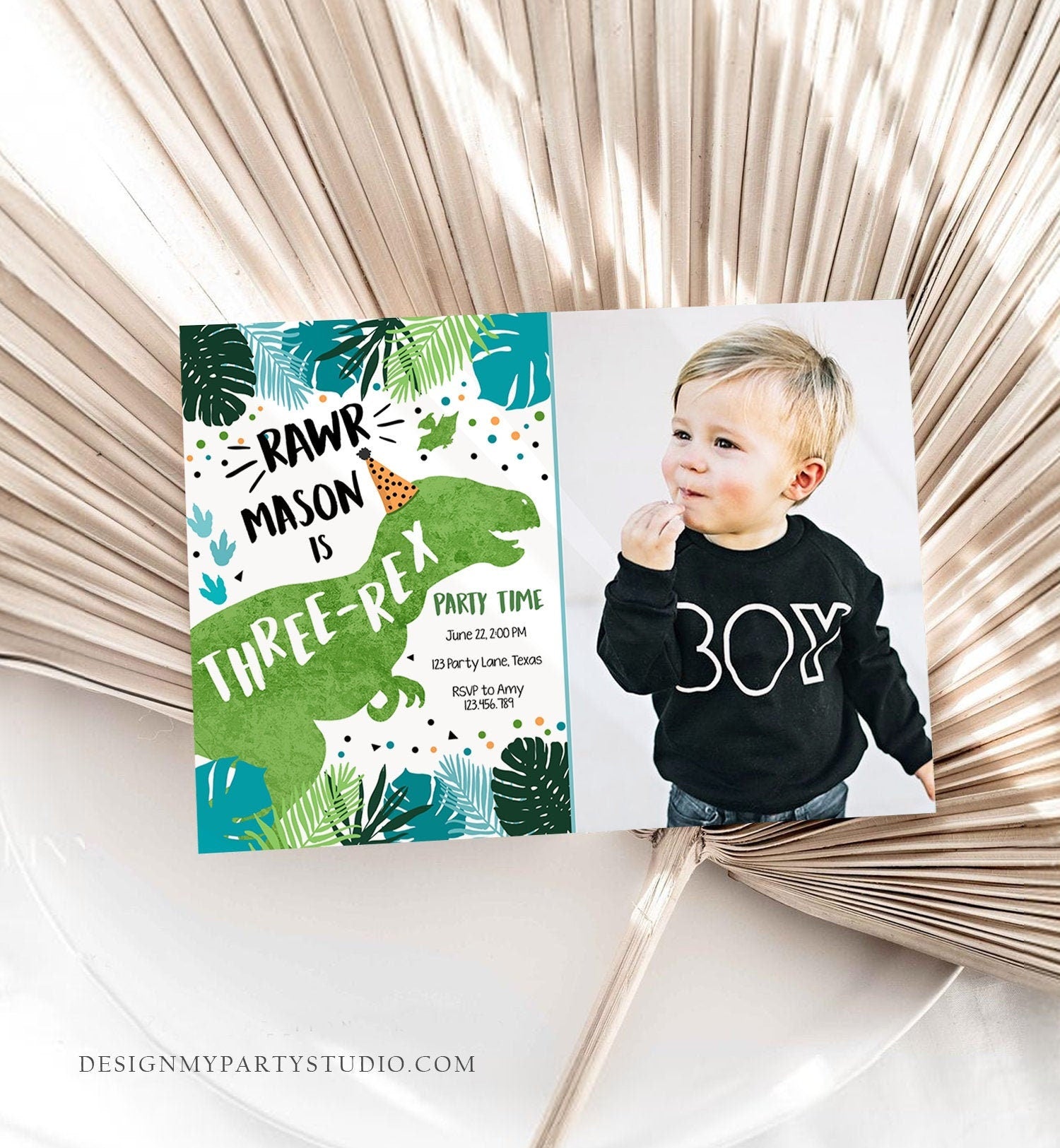 Editable Three-Rex Dinosaur Birthday Invitation Dino T-Rex Third Birthday 3rd Rawr Boy Green Blue Prehistoric Evite Template Printable 0389