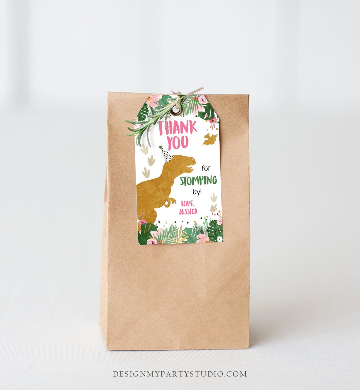 Editable Dinosaur Favor Tags Gift Tag Girl Pink Gold Thank You for Stomping By Tag Birthday Dino Party T-Rex Digital Template Printable 0146
