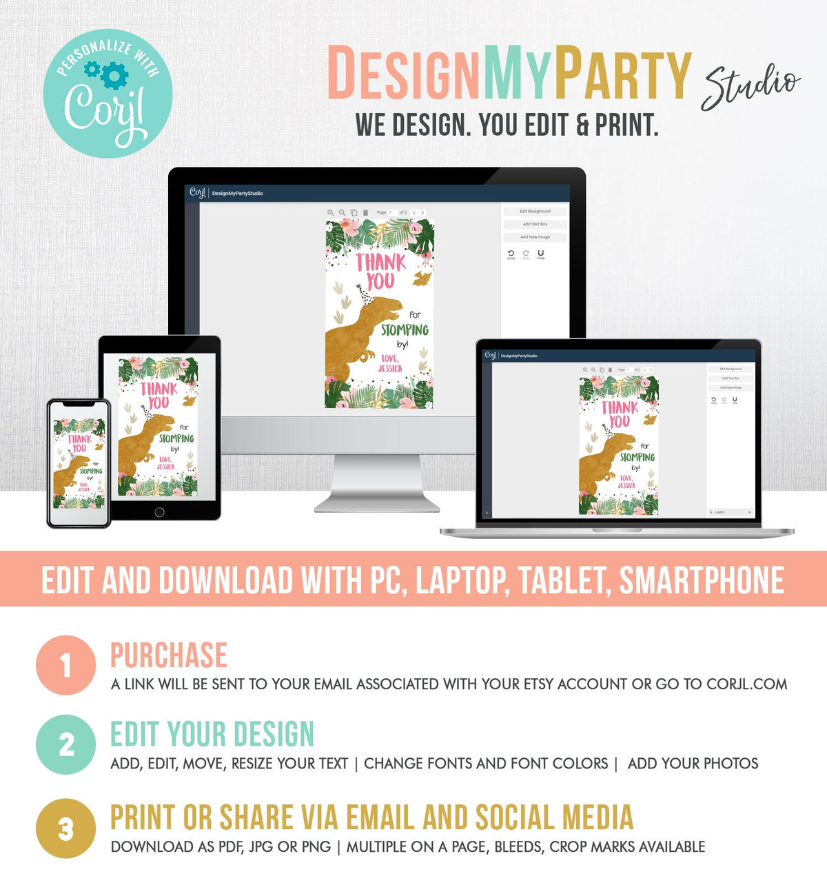 Editable Dinosaur Favor Tags Gift Tag Girl Pink Gold Thank You for Stomping By Tag Birthday Dino Party T-Rex Digital Template Printable 0146