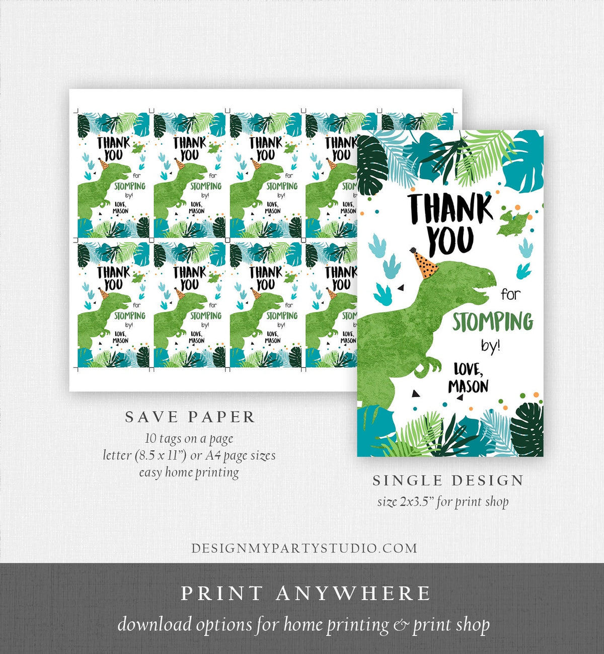 Editable Dinosaur Birthday Favor Tags Gift Tag Boy Green Blue Three Rex Thank You Stomping By Dino Party T-Rex Corjl Template Printable 0389