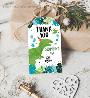 Editable Dinosaur Birthday Favor Tags Gift Tag Boy Green Blue Three Rex Thank You Stomping By Dino Party T-Rex Corjl Template Printable 0389